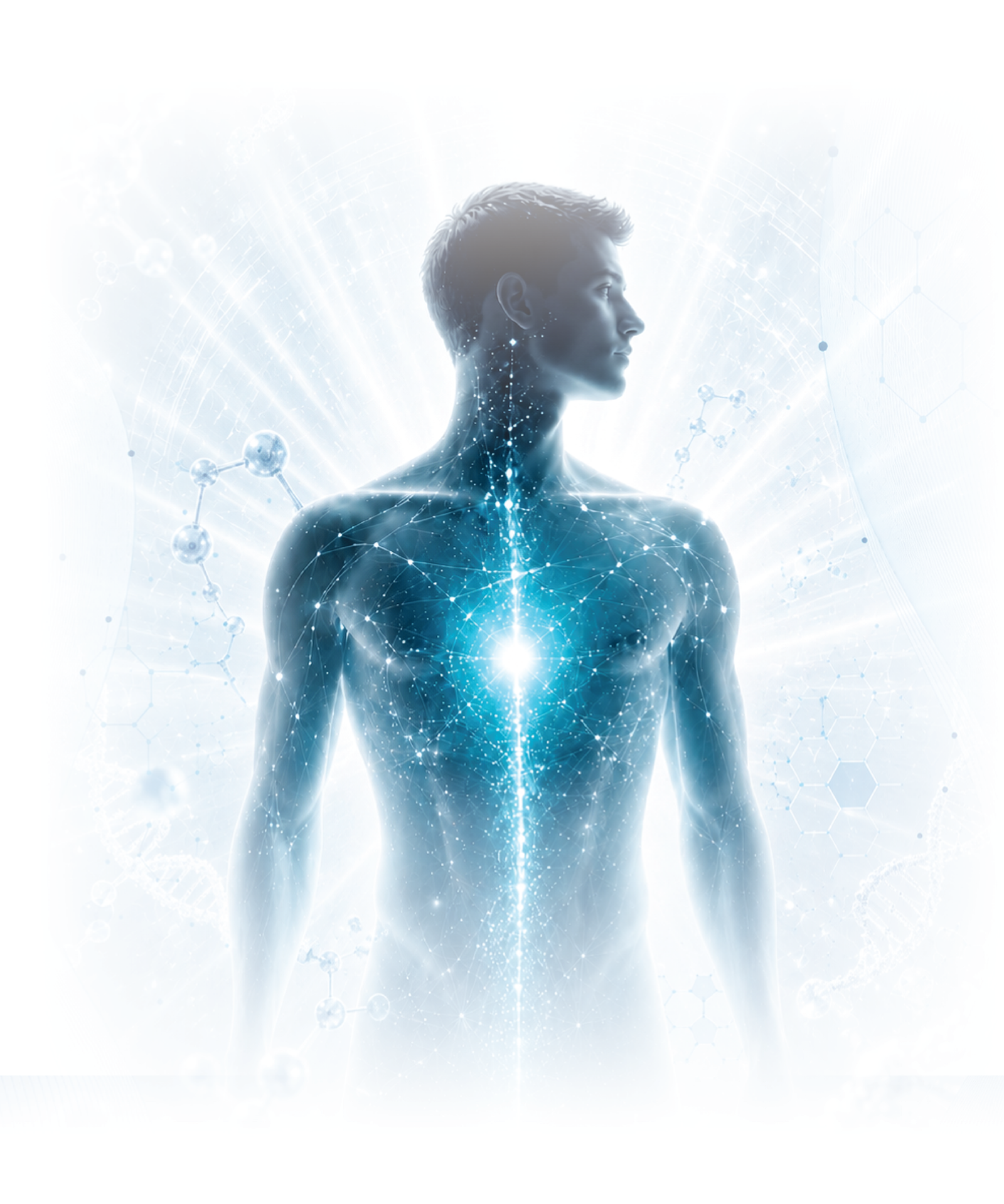 Digital human body visualization surrounded by medical science graphics